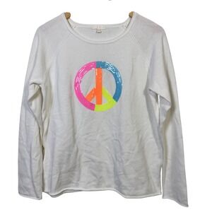 LISA TODD White Sweater Medium Neon Peace Sign Cotton Sequin Long Sleeve Top